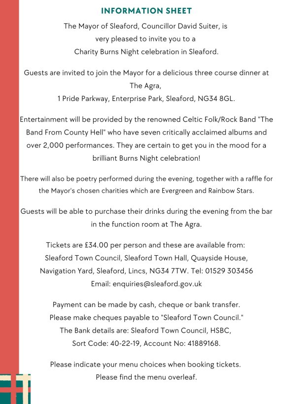 Information Sheet for the Mayor's Charity Burns Night.